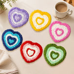 Adorable rainbow heart punch needle coasters used for home decoration
