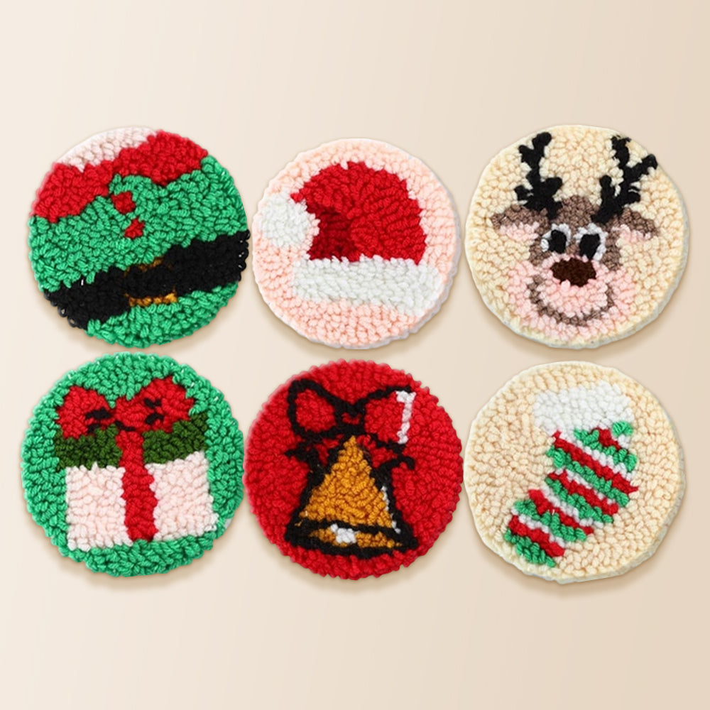 Adorable reindeer and bell punch needle coaster kit finished handmade coasters