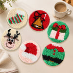 Adorable reindeer and bell punch needle coasters used for home decoration