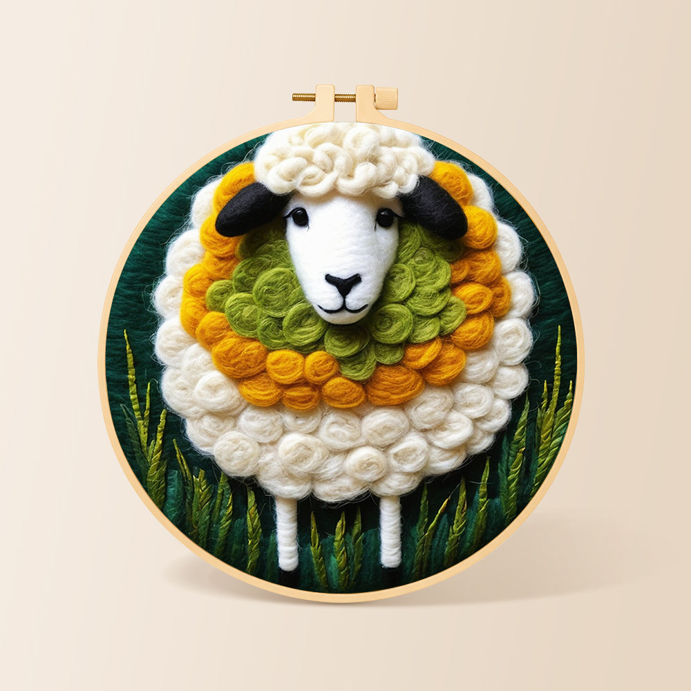Adorable sheep and green grass needle felting kit for beginners with a round wooden frame