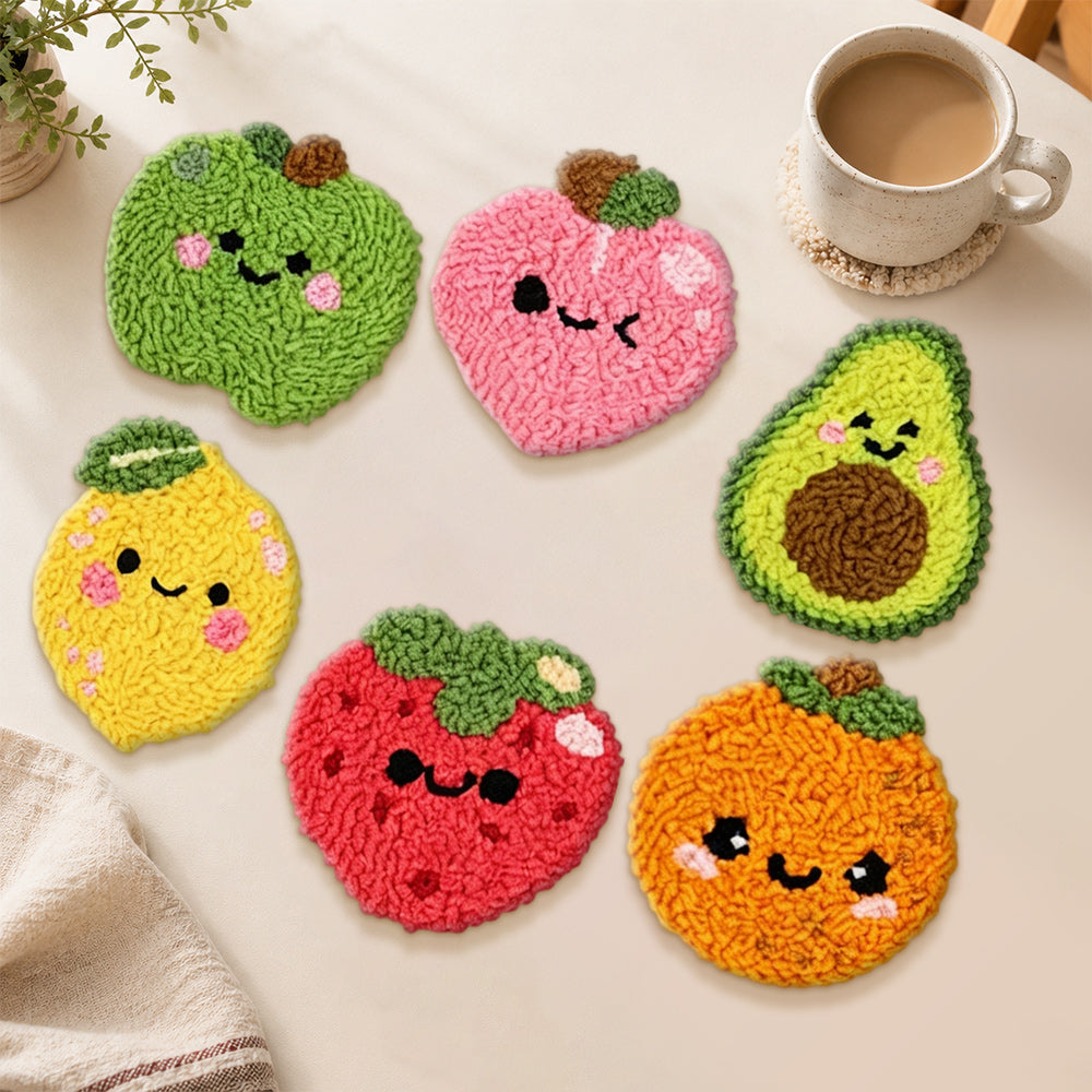 Adorable smiling fruits punch needle coasters used for home decoration