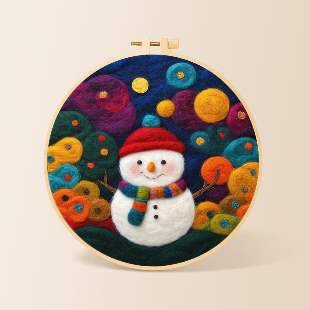 Adorable snowman with scarf needle felting kit for beginners with a round wooden frame