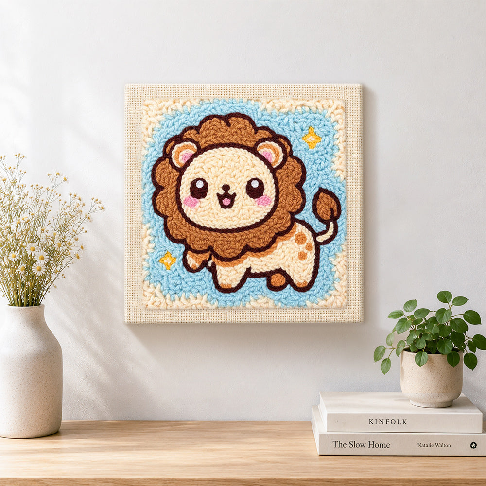 Finished adorable starry lion artwork displayed on a wall
