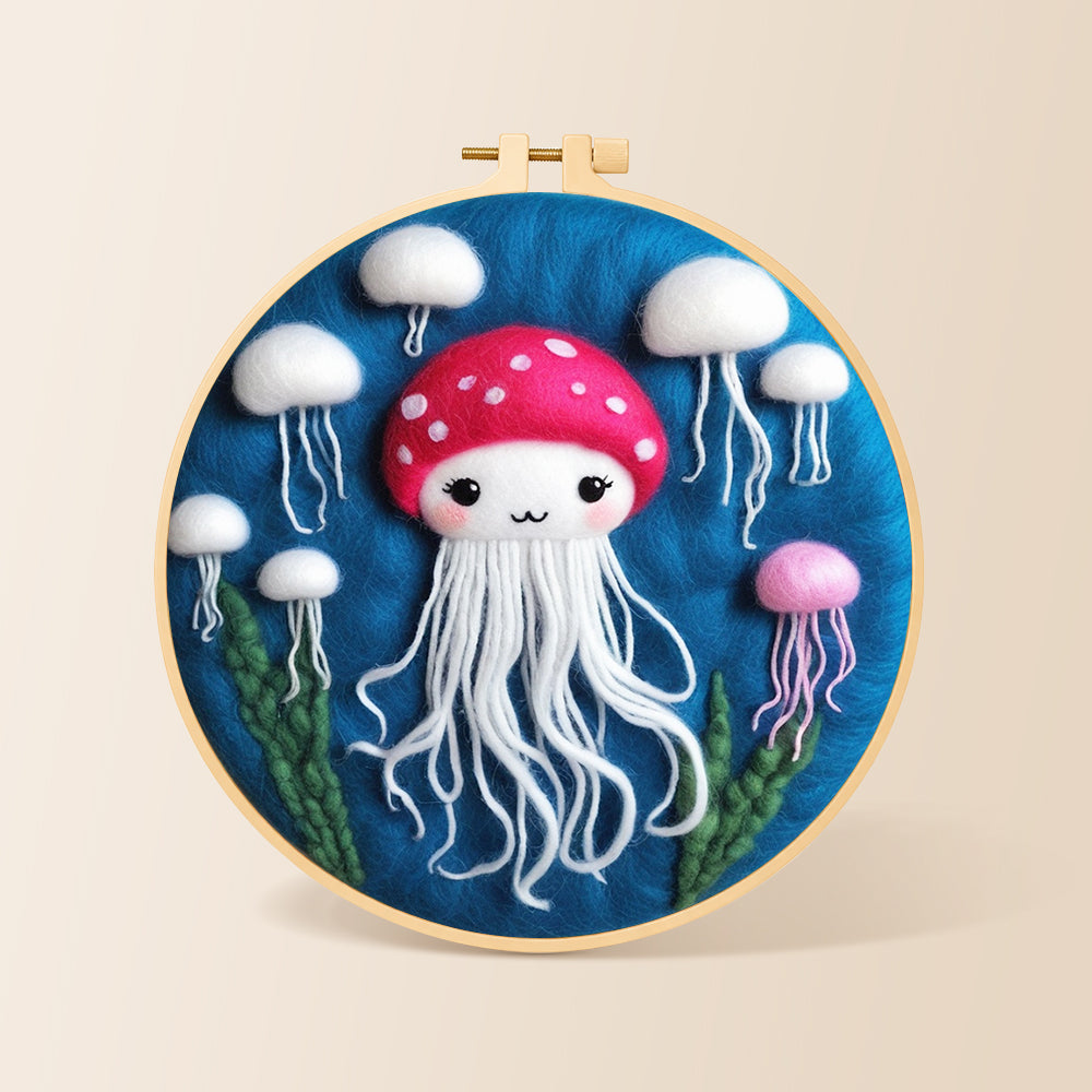 Adorable white jellyfish needle felting kit for beginners with a round wooden frame