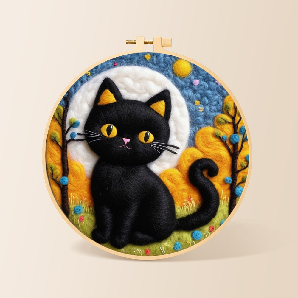 Autumn black cat needle felting kit for beginners with a round wooden frame