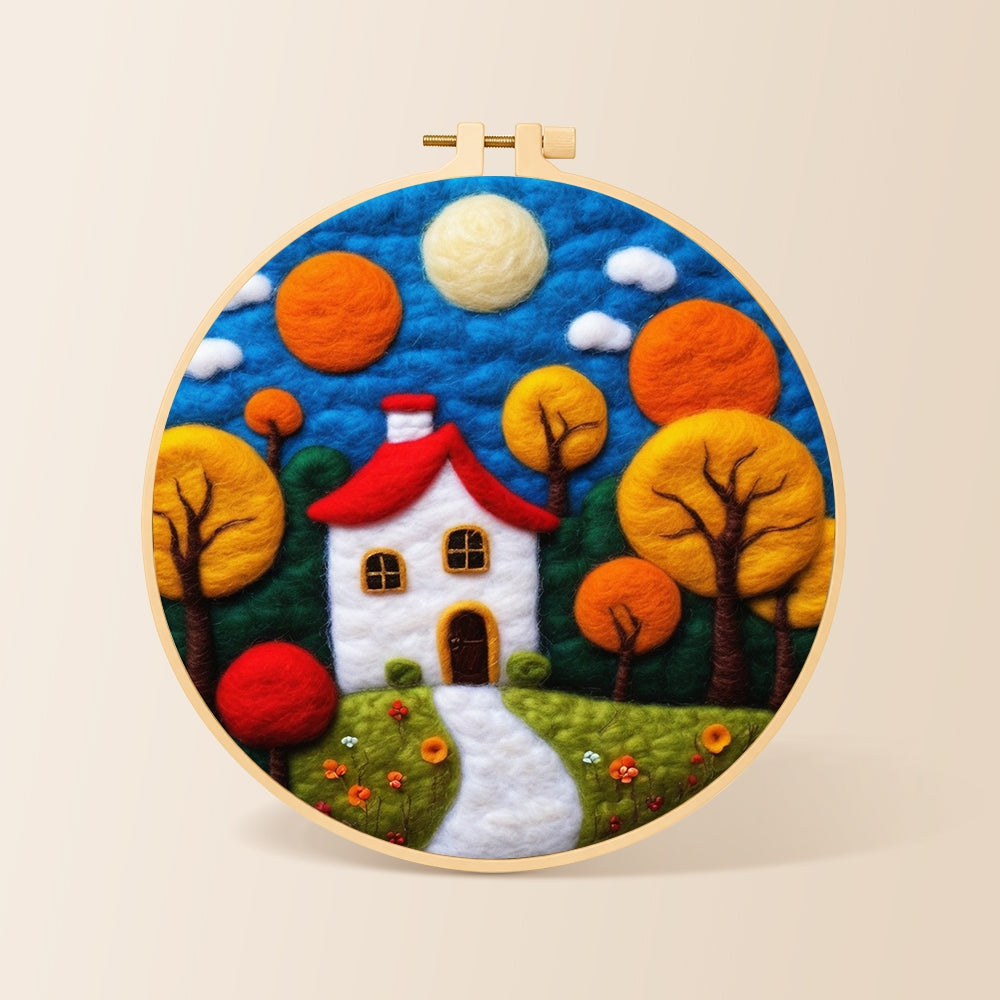 Autumn fairy tale tree and house needle felting kit for beginners with a round wooden frame