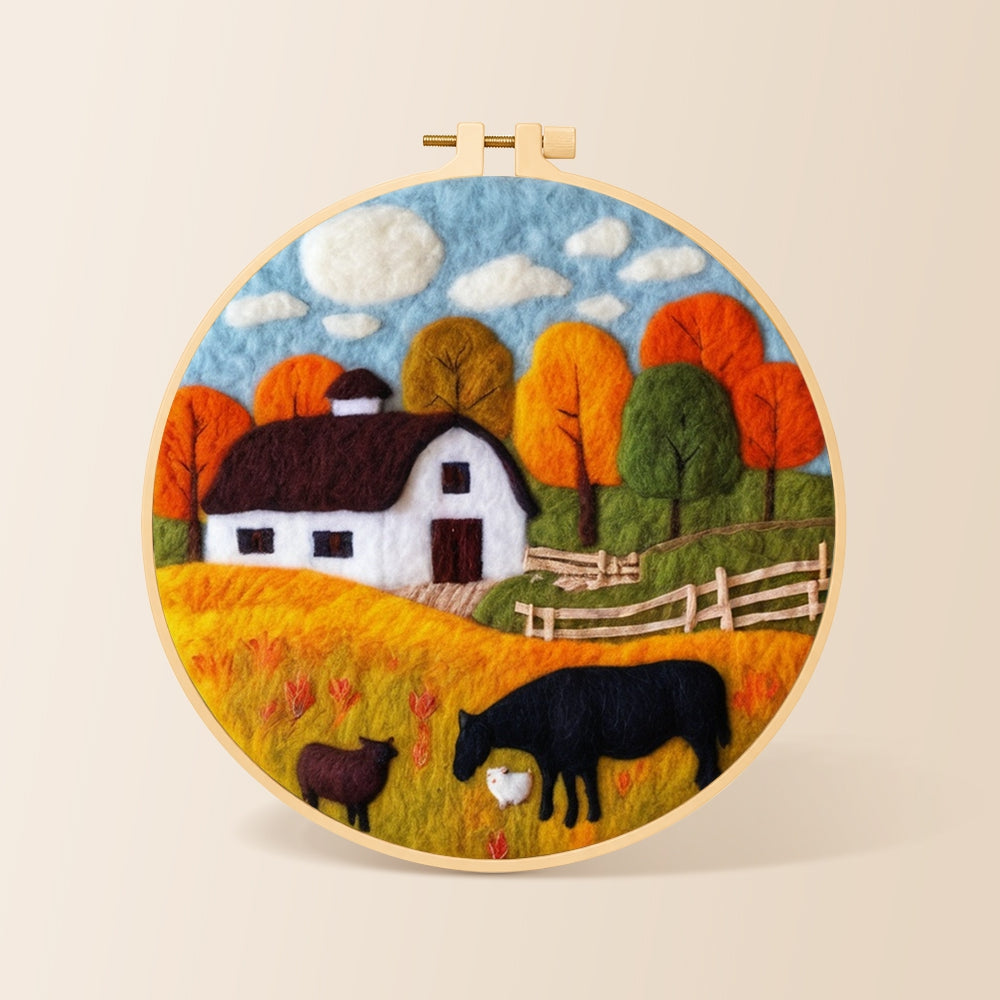 Autumn farm scene needle felting kit for beginners with a round wooden frame