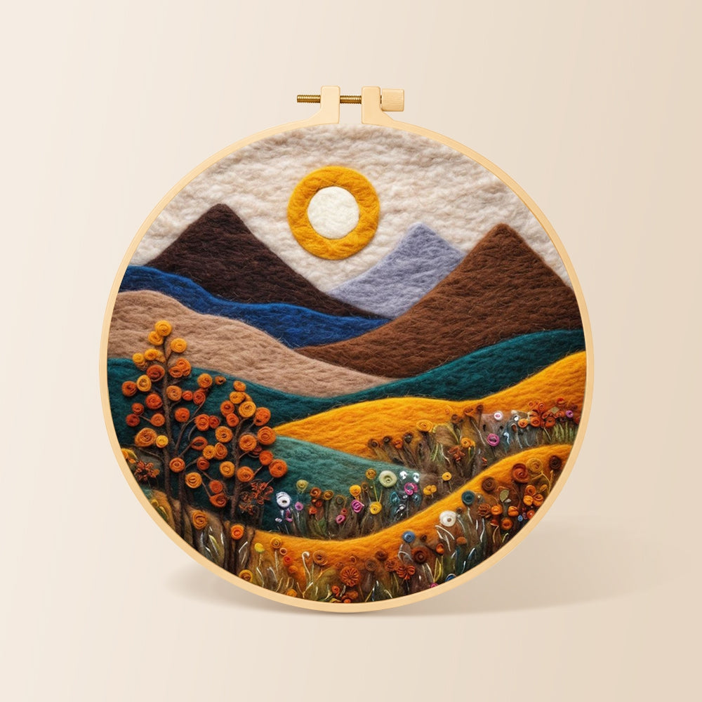 Autumn mountains and plants needle felting kit for beginners with a round wooden frame