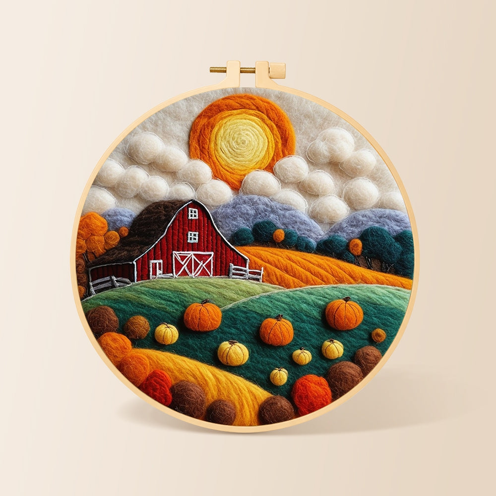Autumn pumpkin harvest farm needle felting kit for beginners with a round wooden frame