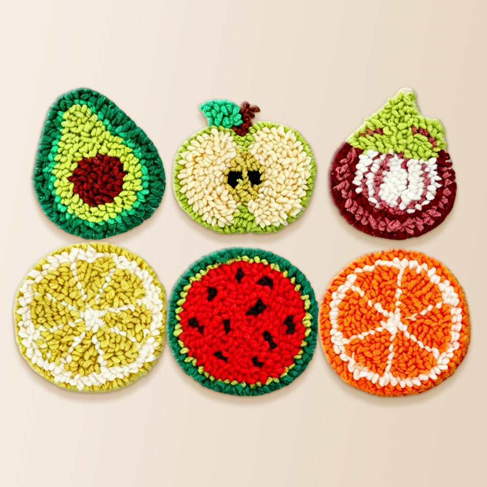 Avocado, fig and citrus punch needle coaster kit finished handmade coasters