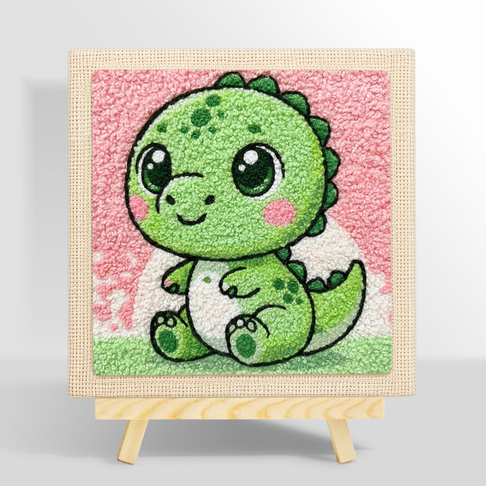 Baby green dinosaur with big eyes punch needle kit for beginners