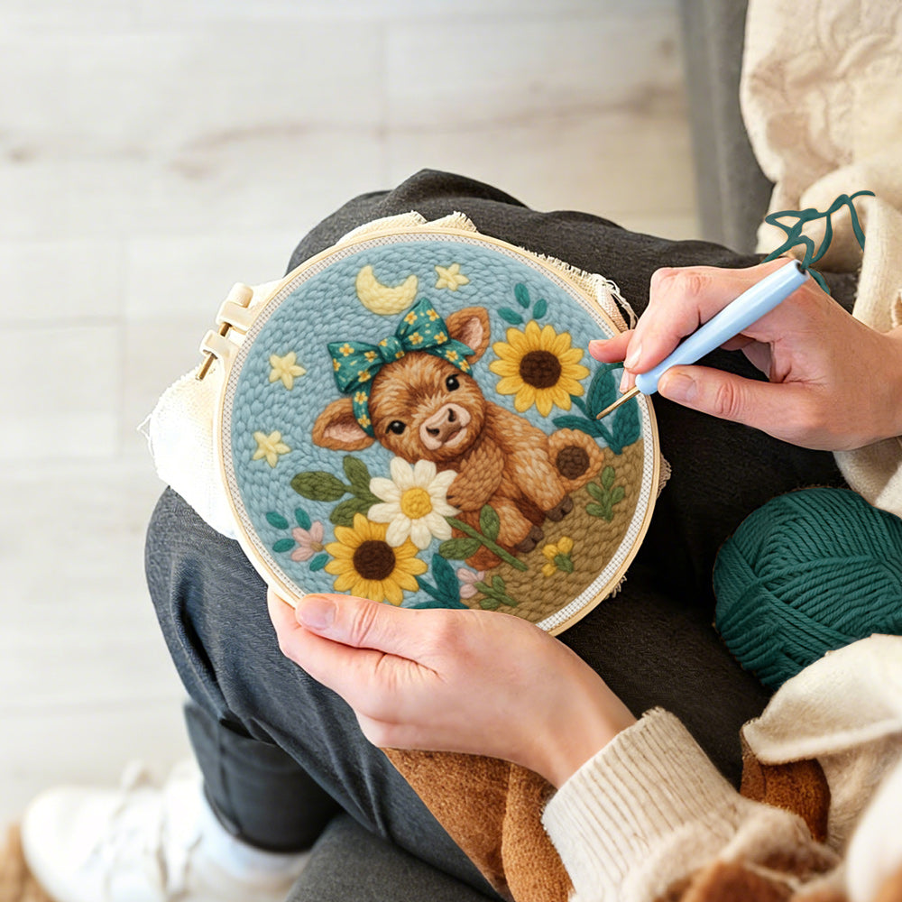 Creating handmade baby highland cow and sunflowers punch needle artwork