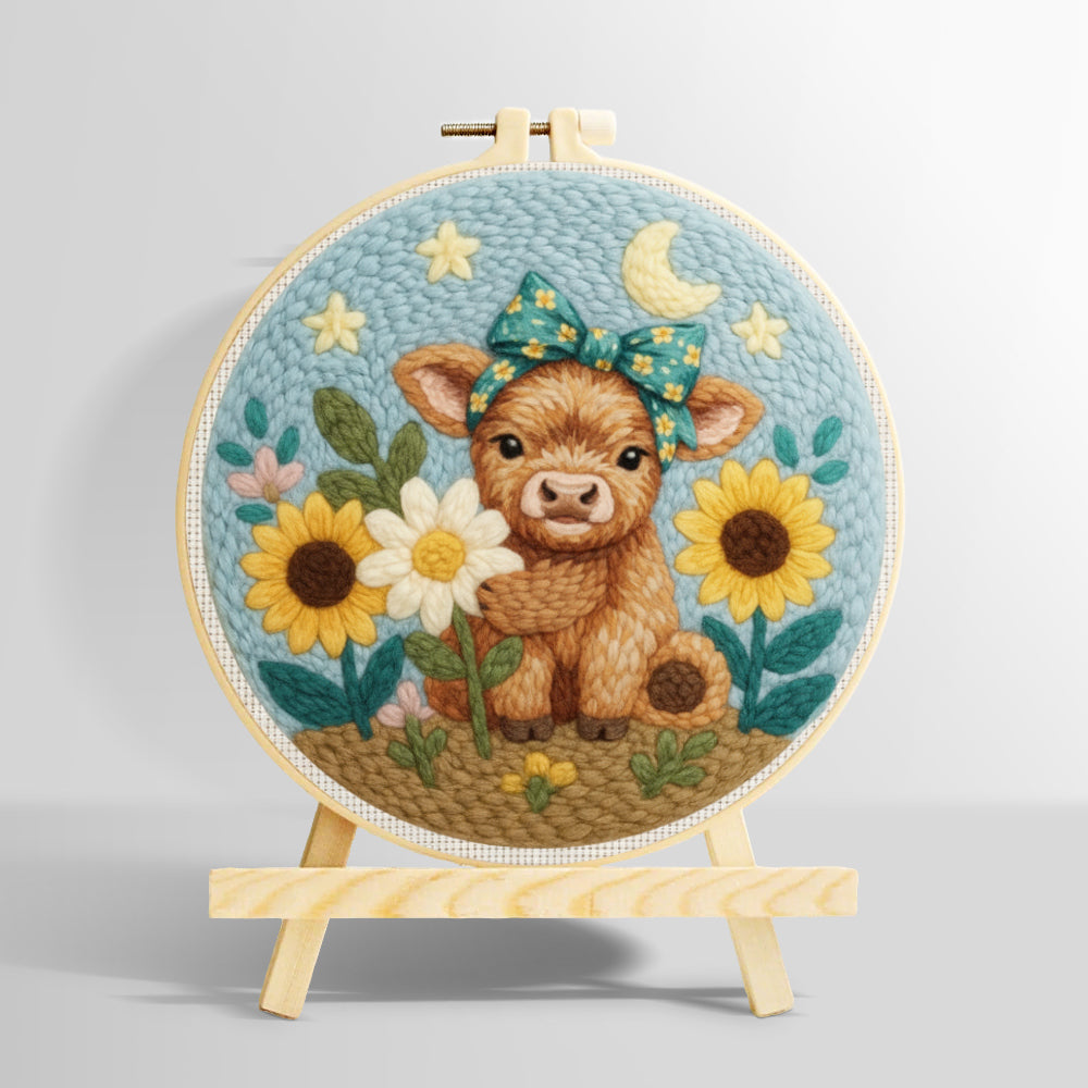 Baby highland cow and sunflowers punch needle kit for beginners