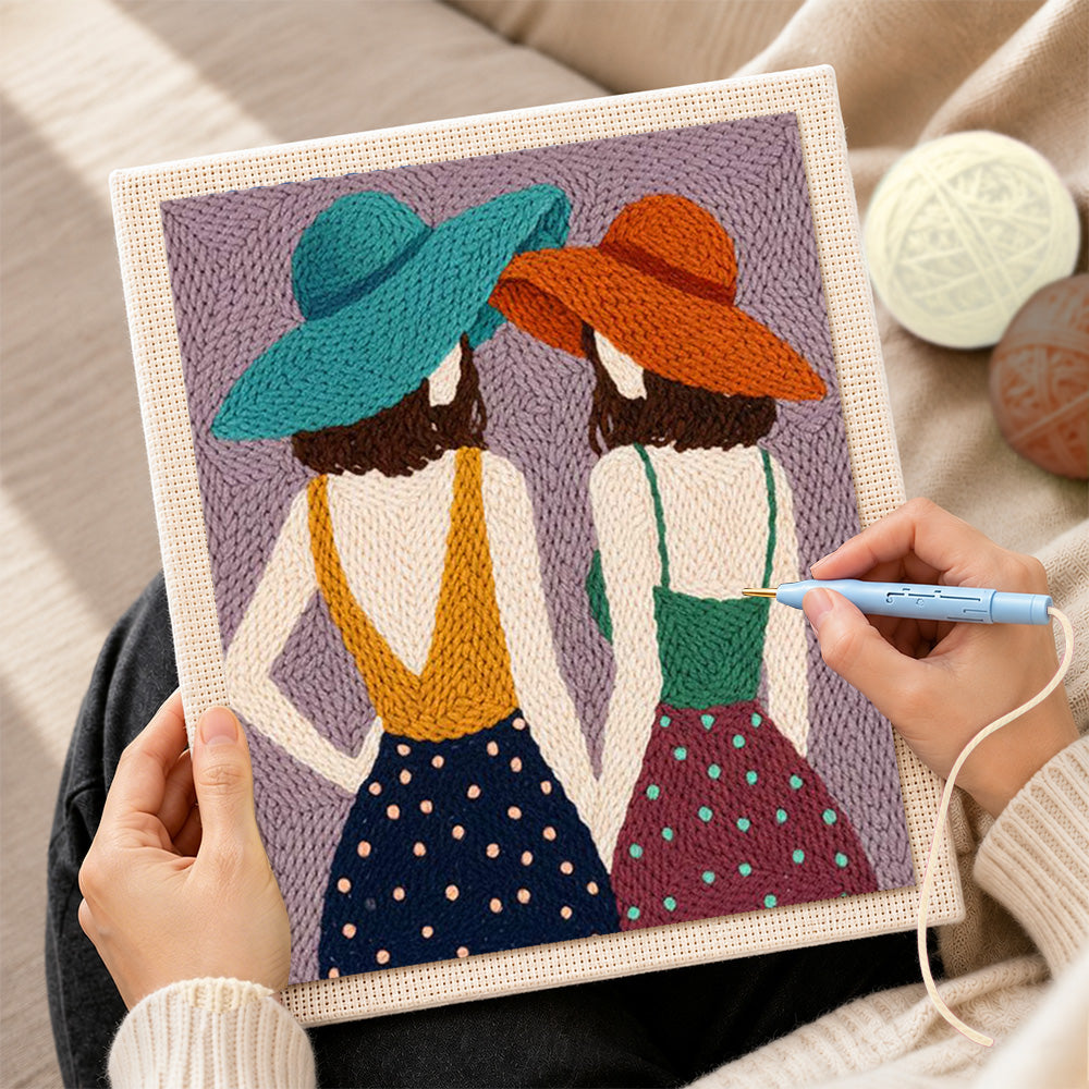 Creating handmade back view women in hats punch needle artwork