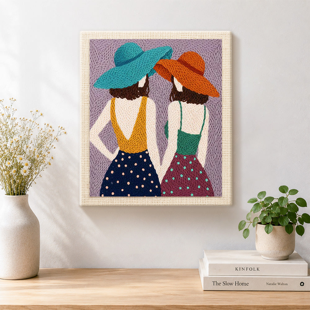 Finished back view women in hats artwork displayed on a wall
