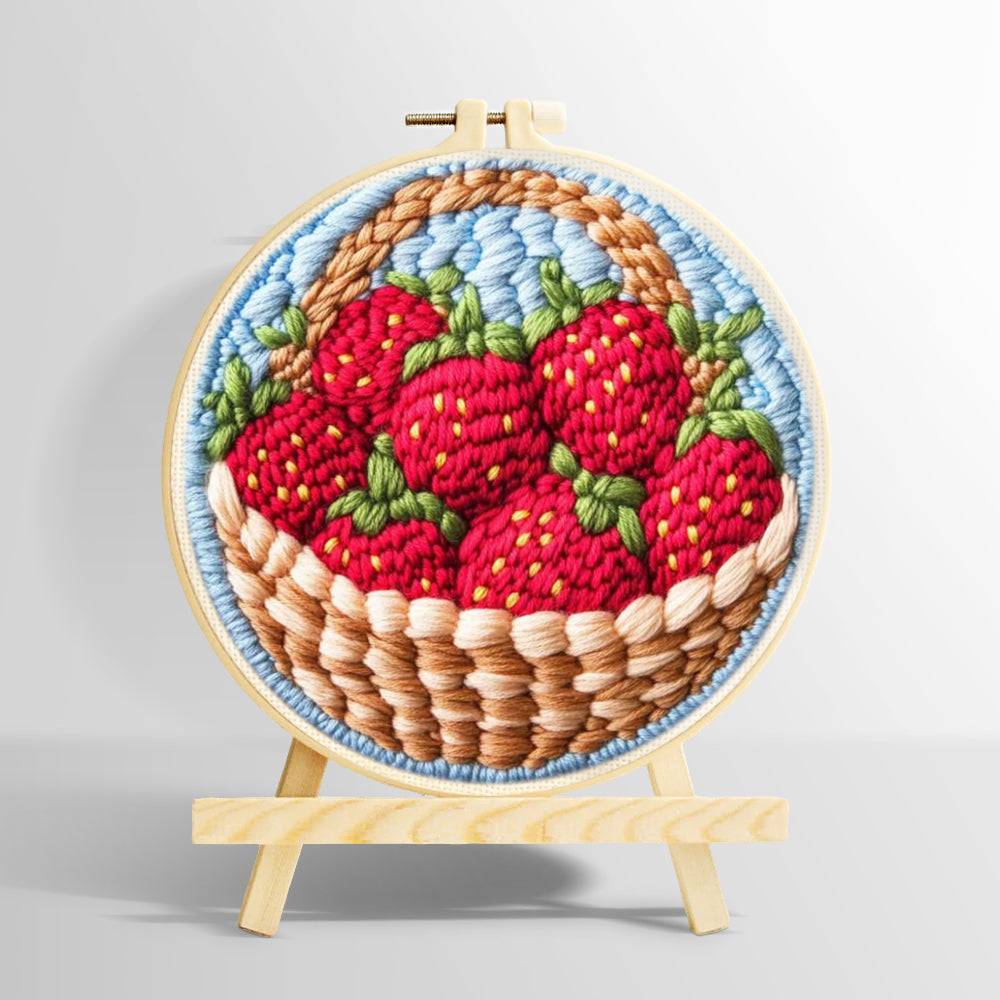 Basket of fresh strawberries punch needle kit for beginners