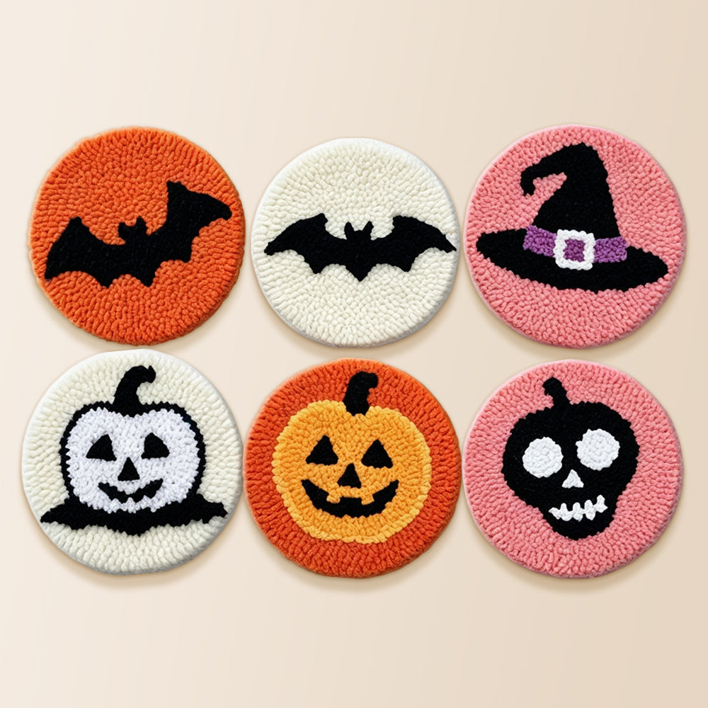 Bat, pumpkin and witch hat punch needle coaster kit finished handmade coasters