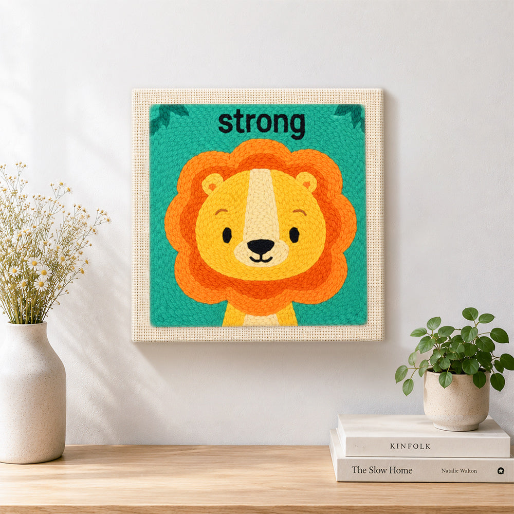 Finished be strong little lion artwork displayed on a wall