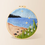 Beach daisies and blue sea needle felting kit for beginners with a round wooden frame
