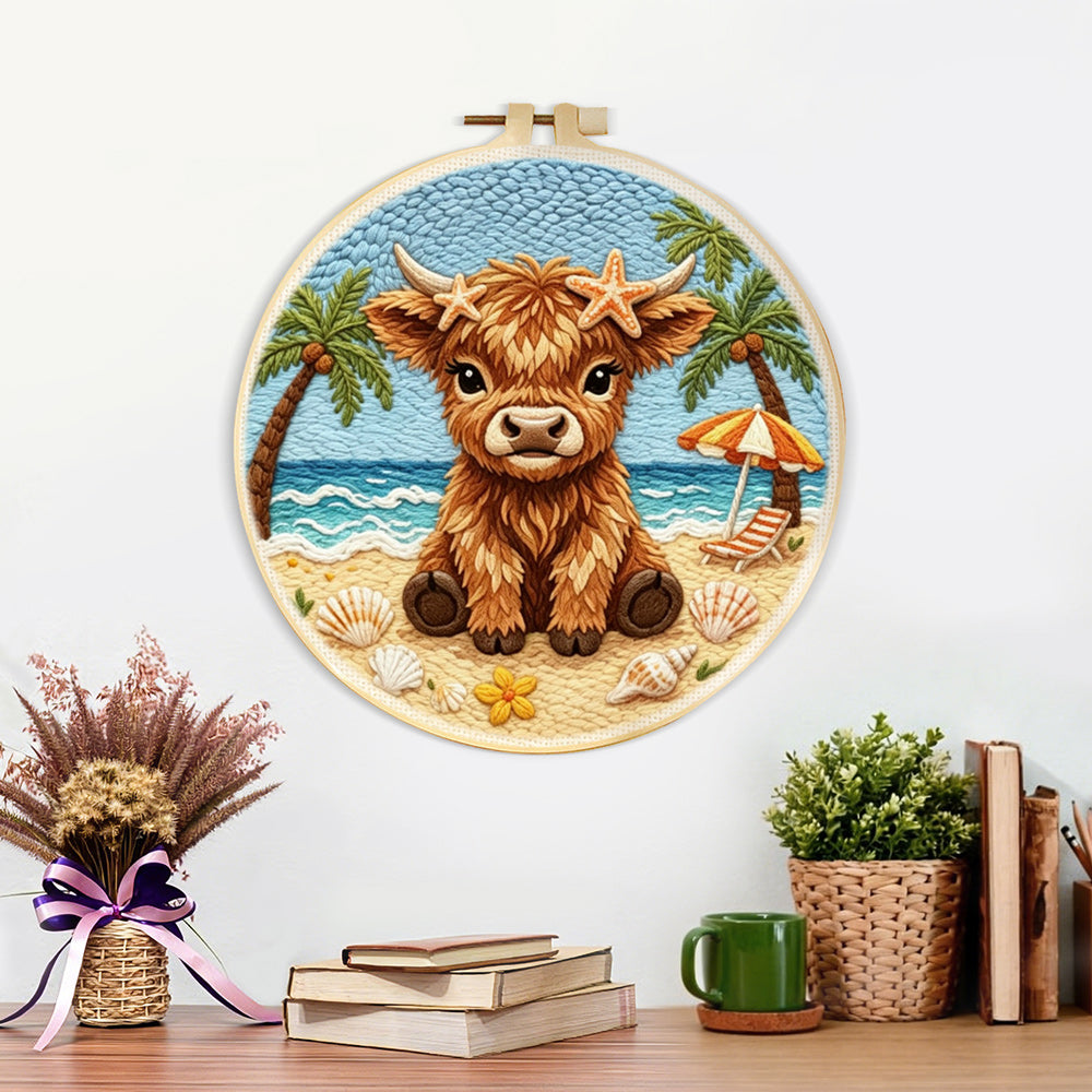 Finished beach highland cow artwork displayed on a wall