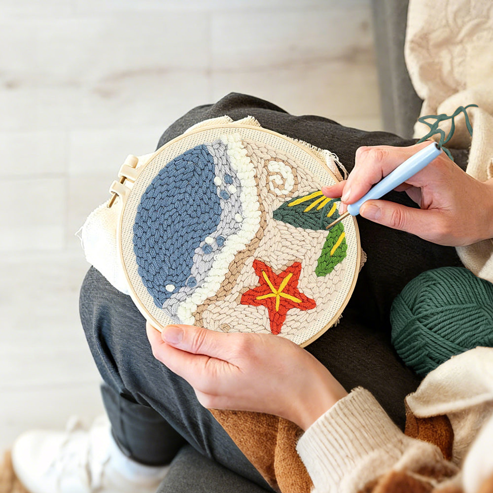 Creating handmade beach seaside with starfish punch needle artwork