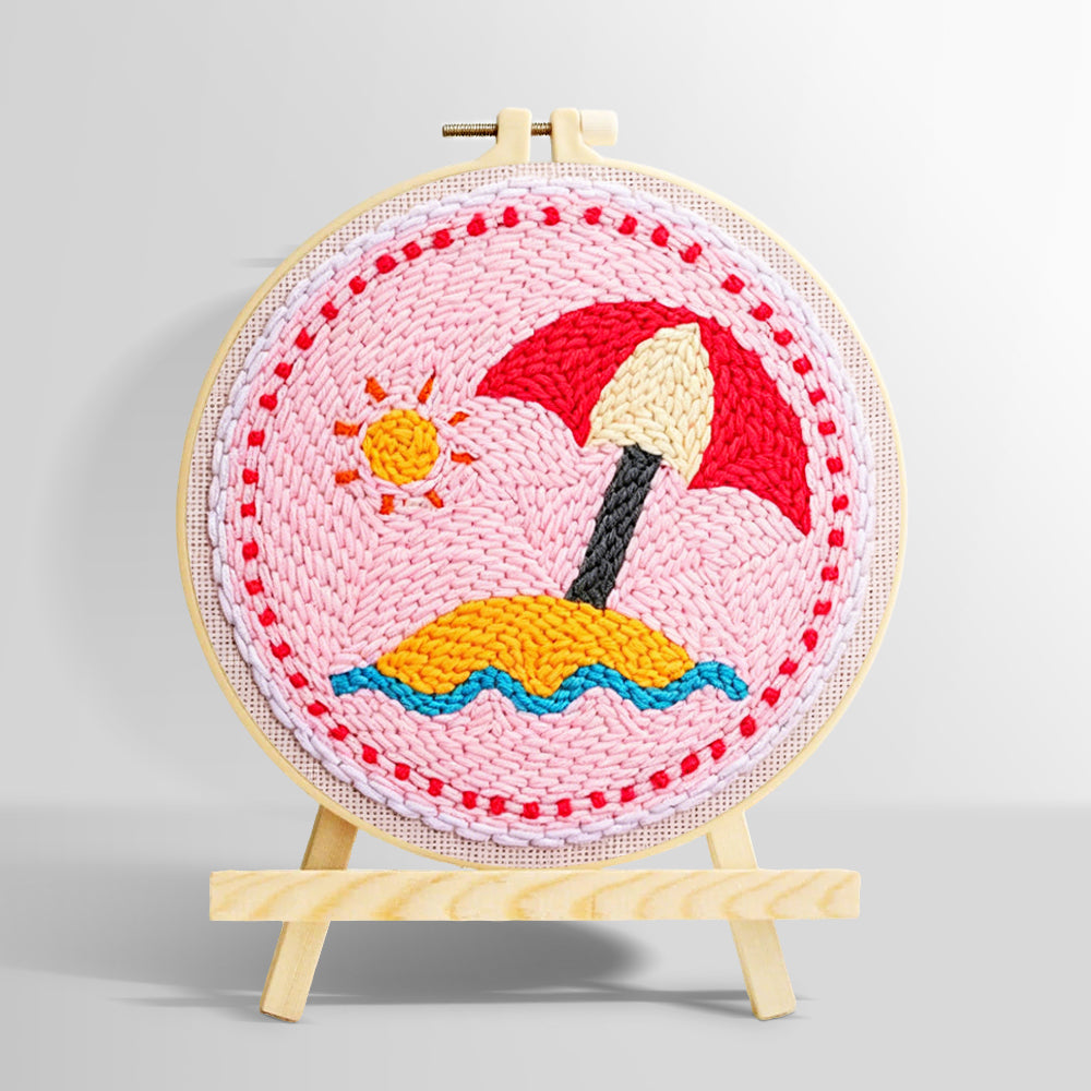 Beach umbrella on sand punch needle kit for beginners