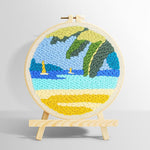 Beach with sailboats and tropical leaves punch needle kit for beginners