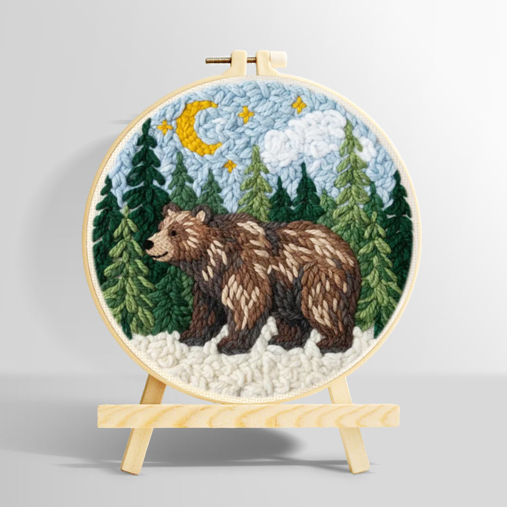 Bear in forest under moonlight punch needle kit for beginners