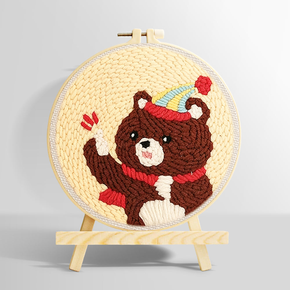 Bear with balloon and party hat punch needle kit for beginners