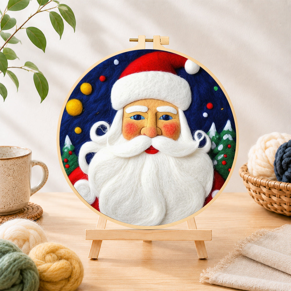 Finished bearded santa claus needle felting displayed on a wooden easel