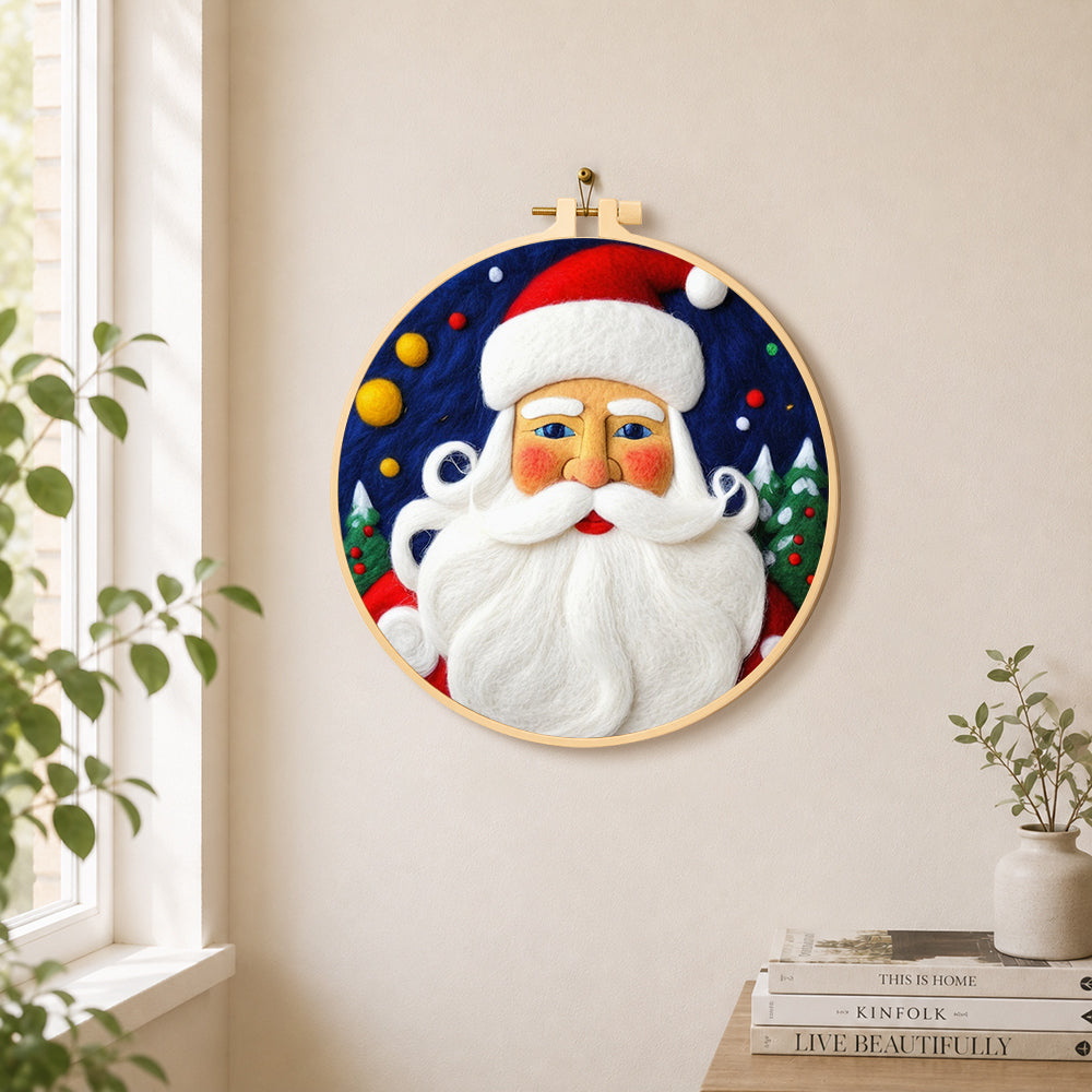 Bearded santa claus needle felt wall art displayed in a bright home interior