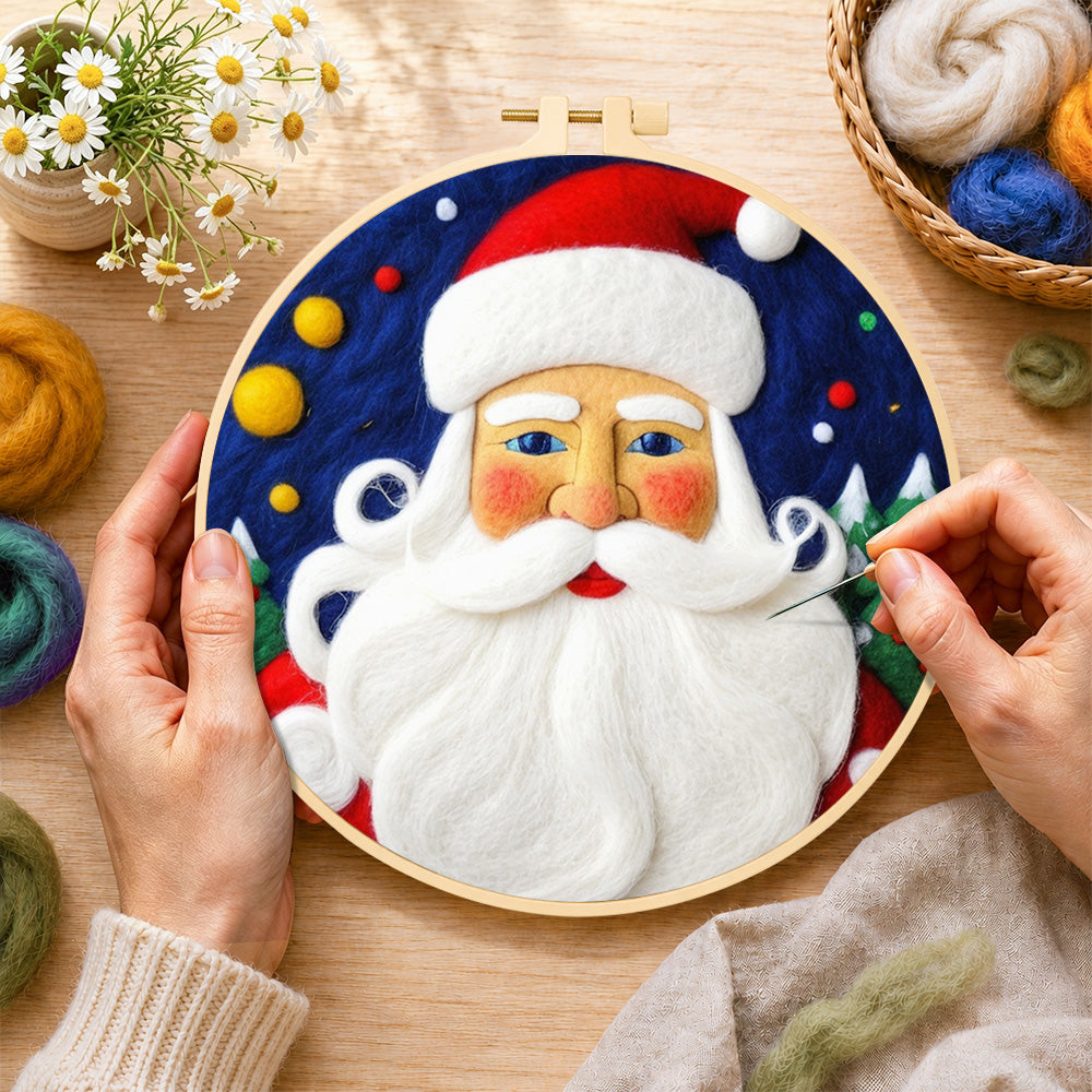Creating the bearded santa claus wool painting by hand with a felting needle