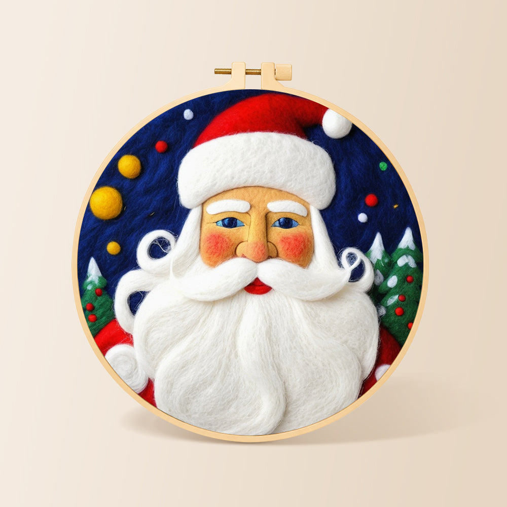 Bearded santa claus needle felting kit for beginners with a round wooden frame