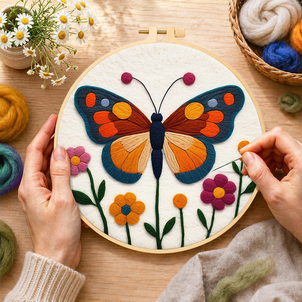 Creating the beautiful geometric butterfly wool painting by hand with a felting needle