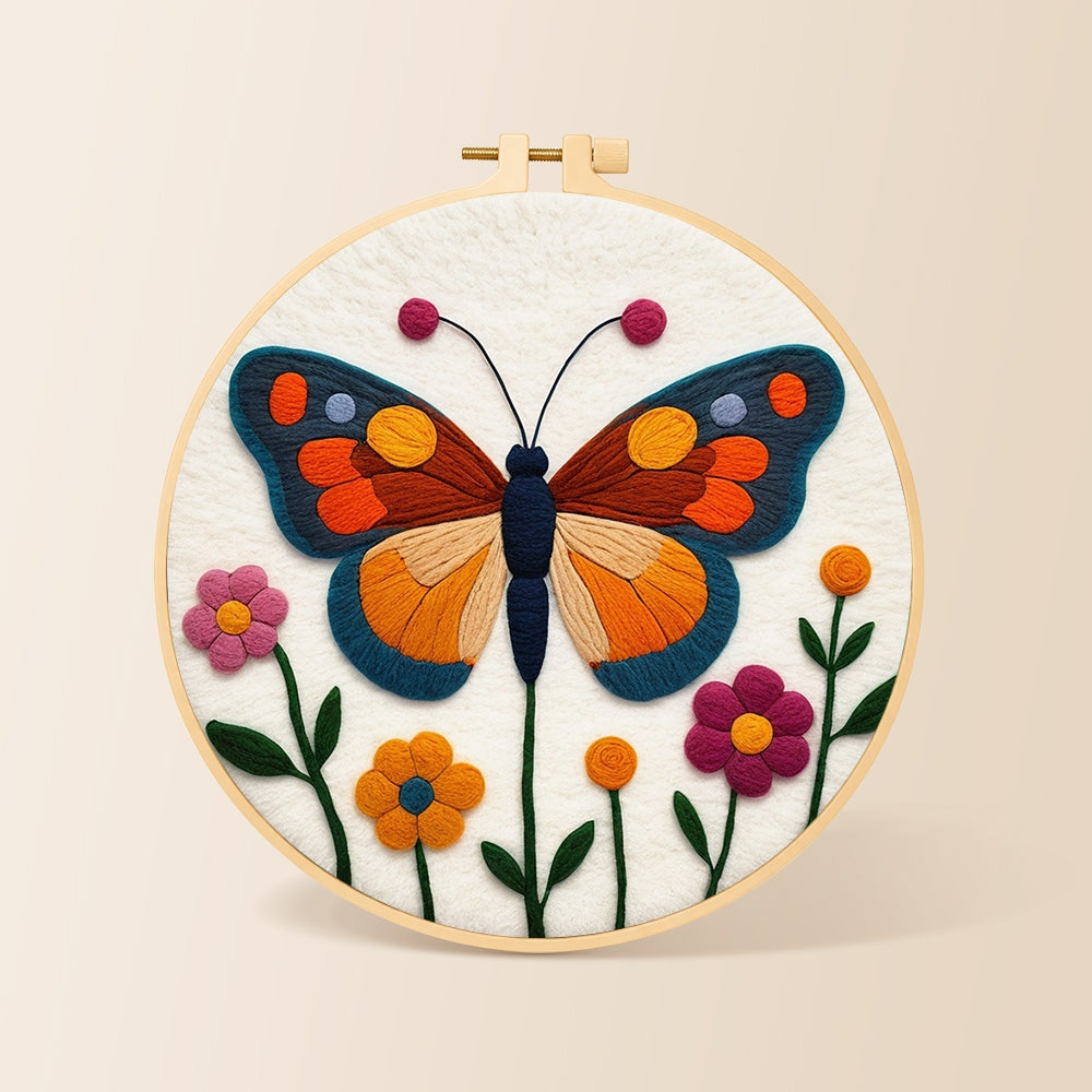 Beautiful geometric butterfly needle felting kit for beginners with a round wooden frame
