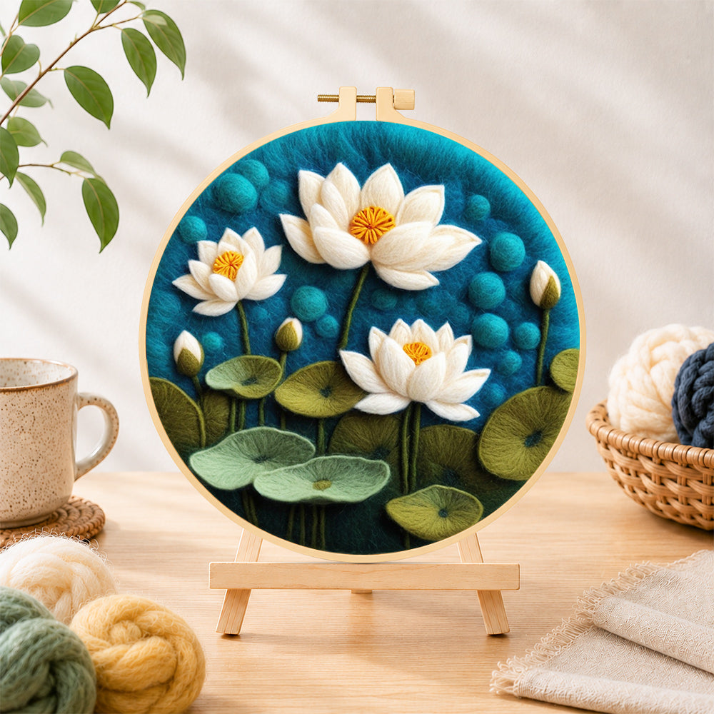 Finished beautiful lotus pond needle felting displayed on a wooden easel