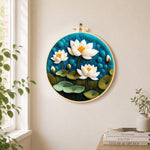 Beautiful lotus pond needle felt wall art displayed in a bright home interior