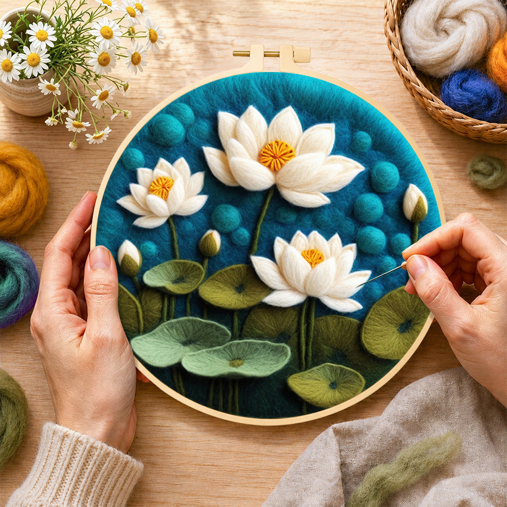 Creating the beautiful lotus pond wool painting by hand with a felting needle