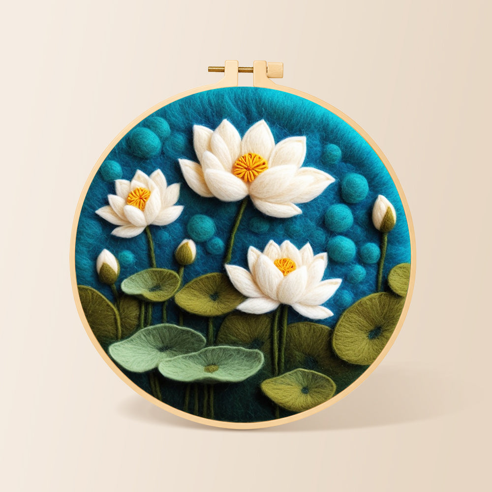 Beautiful lotus pond needle felting kit for beginners with a round wooden frame