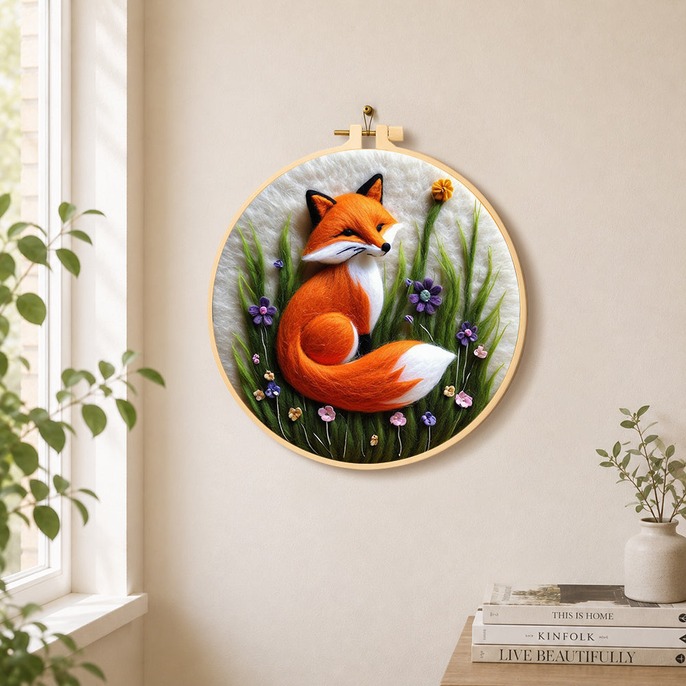 Beautiful red fox and purple wildflowers needle felt wall art displayed in a bright home interior