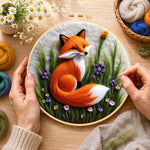 Creating the beautiful red fox and purple wildflowers wool painting by hand with a felting needle