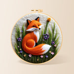 Beautiful red fox and purple wildflowers needle felting kit for beginners with a round wooden frame