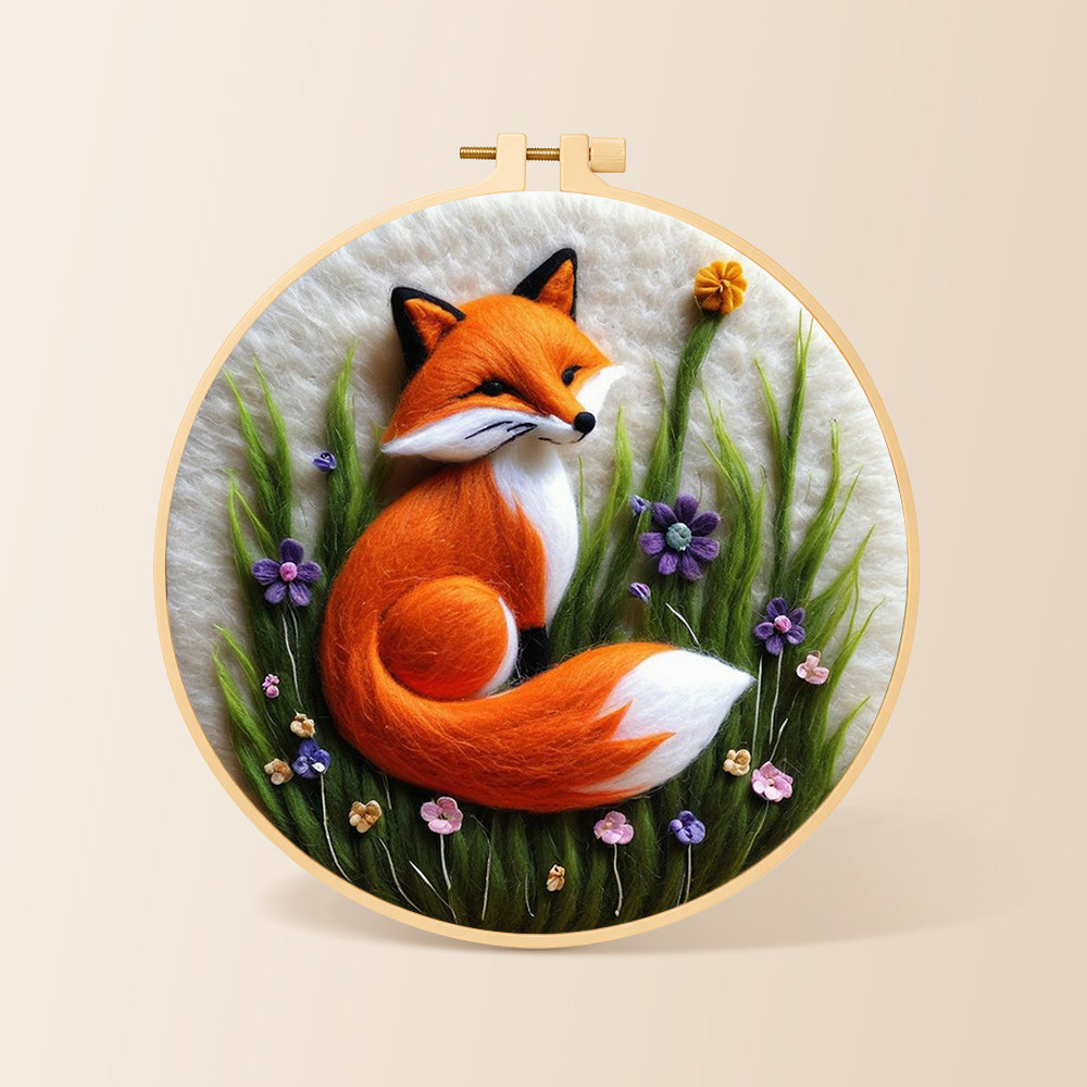 Beautiful red fox and purple wildflowers needle felting kit for beginners with a round wooden frame