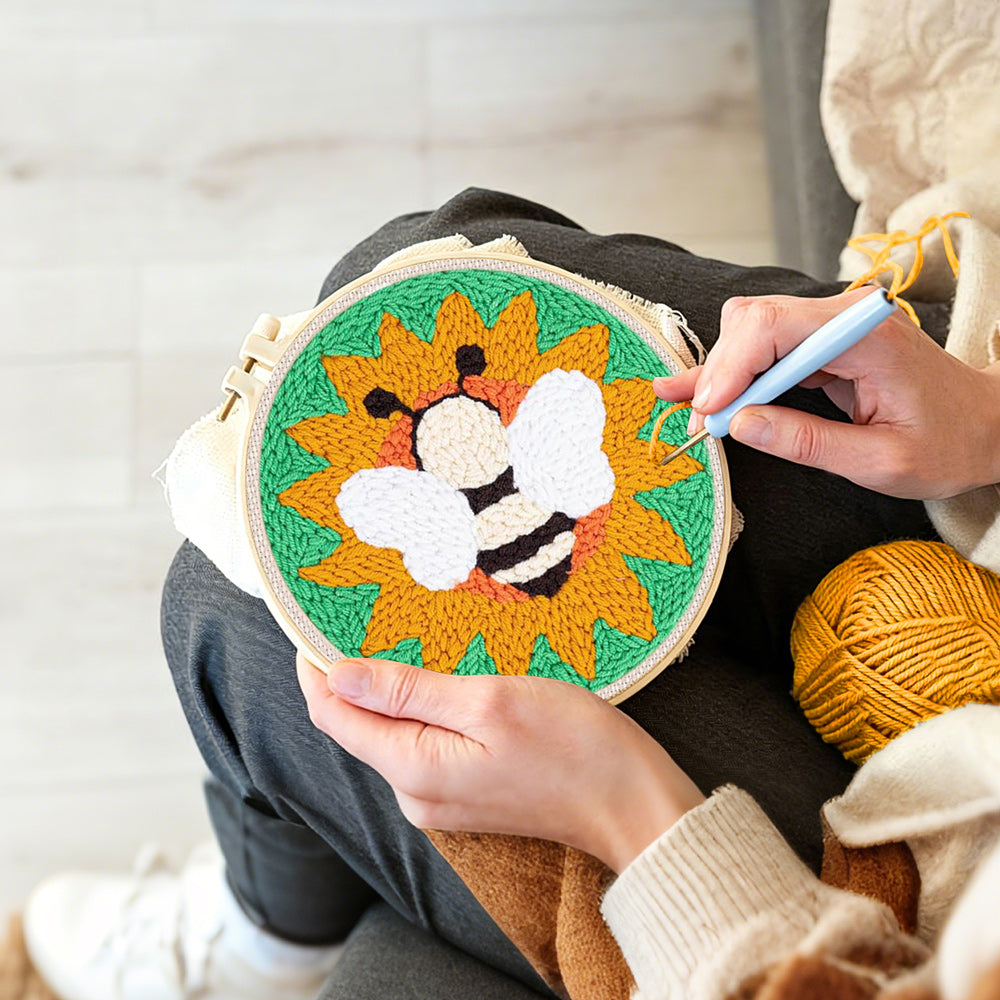 Creating handmade bee and sunflower punch needle artwork