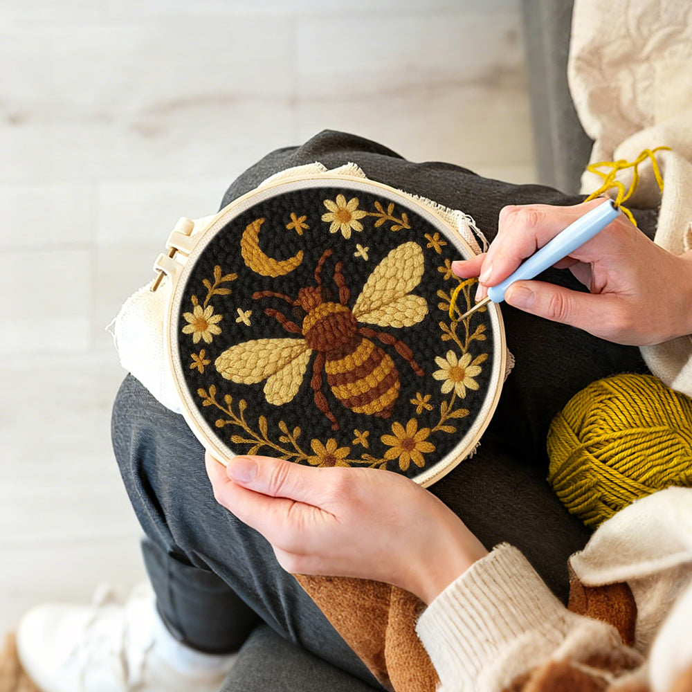 Creating handmade bee, moon and flowers punch needle artwork