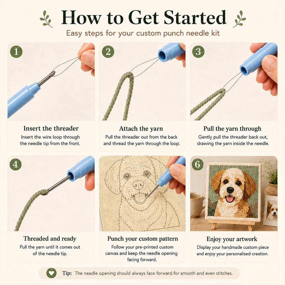 Beginner-friendly custom punch needle kit tutorial showing how to thread and use the punch needle tool