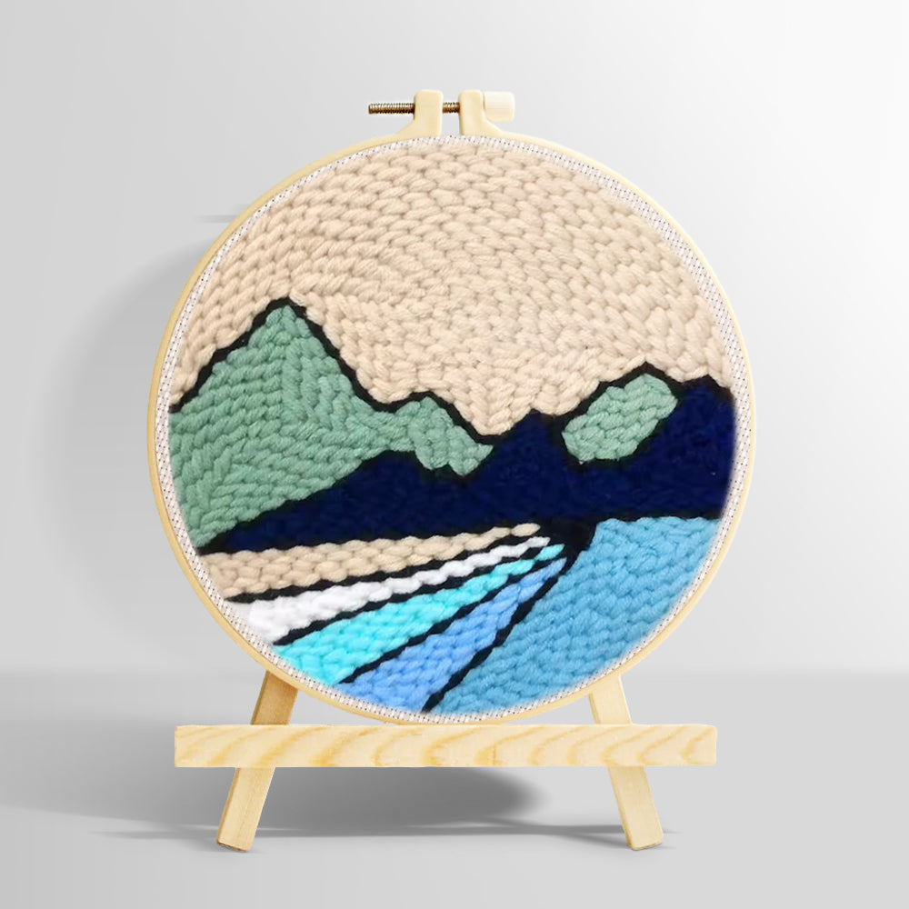Beige sky, green hills and blue rivers punch needle kit for beginners