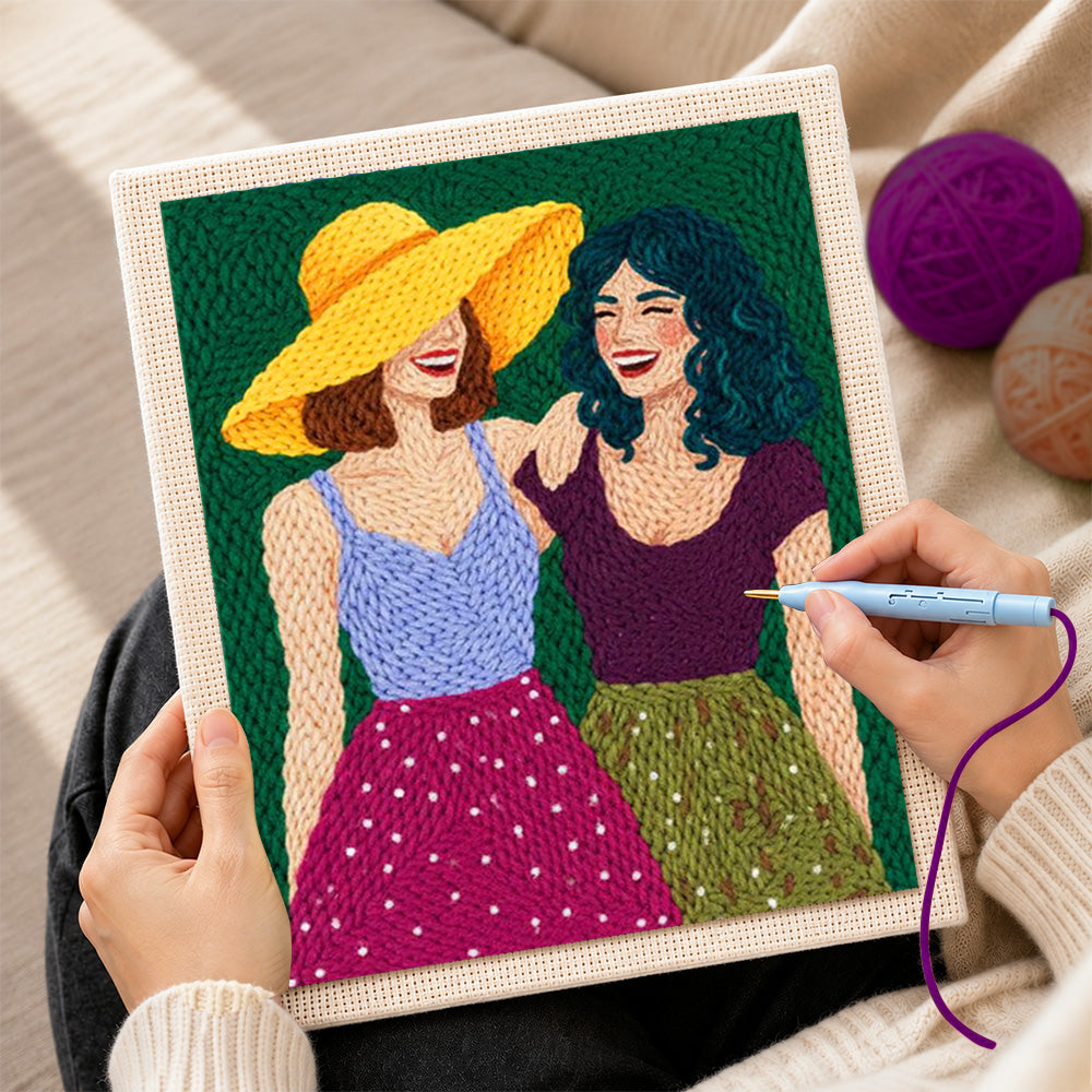 Creating handmade best friends laughing punch needle artwork
