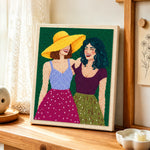 Best friends laughing punch needle artwork displayed on a table