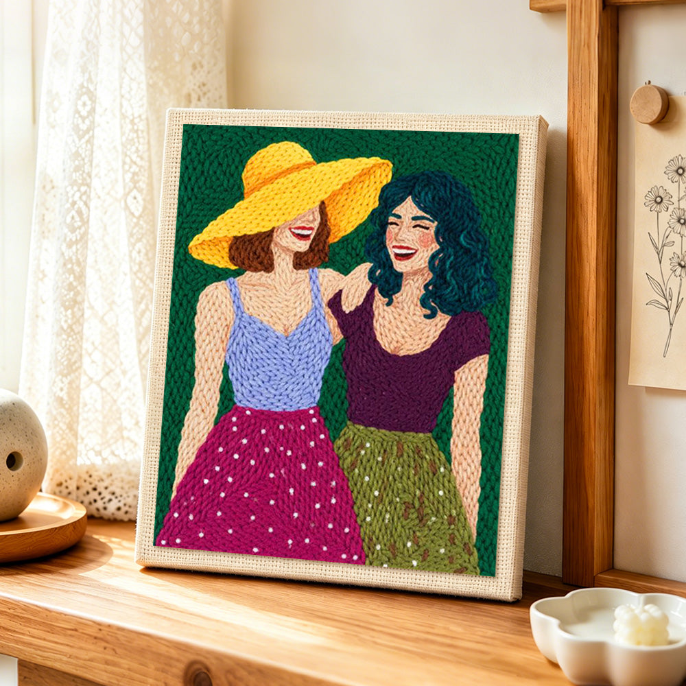 Best friends laughing punch needle artwork displayed on a table